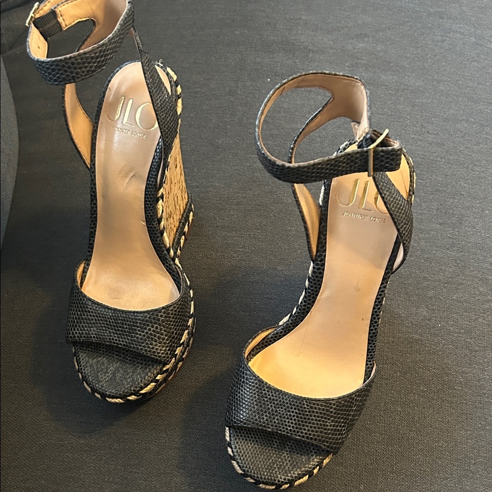 Jennifer Lopez Navy Blue Textured Ankle-Strap Espadrille Wedges